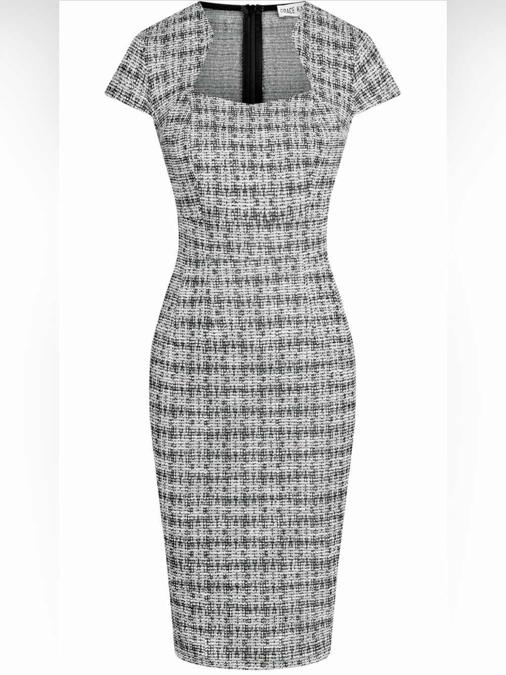 Grace Karin Black & White Tweed Midi Sheath Dress - size M